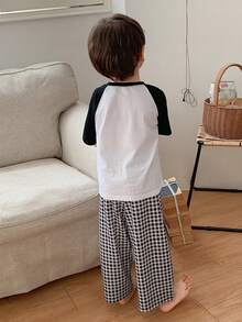 DAZY Young Boy Cartoon Print Round Neck Short Sleeve Top And Plaid Print Pants Pajama Set - White - View 7