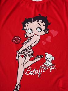 Betty Boop x SHEIN 女士舒适卡通肖像图案圆领短袖T恤和豹纹短裤睡衣套装，夏季 - 紅色 - 查看 3
