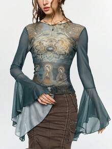 ROMWE Fairycore 仙女、圣母玛利亚、莲花和十字架印花修身喇叭袖薄纱女式上衣 - 彩色 - 查看 4