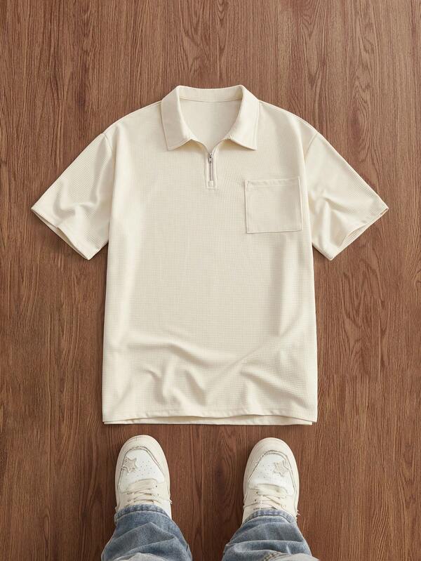 SWAVVY Men's Basic Short Sleeve Apricot Polo Shirt With Collar And Zipper Detail Knitted Regular Hem Short Sleeve Polo Shirt Cream Top Men Men's Solid Color Polo Shirt Polo Shirt Casual Polo Shirt
