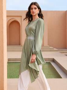 Graceveil Elegant Women's Beaded Asymmetrical Ruched Waist Long Sleeve Blouse, Slim Fit, High-End French Style - Green - View 8