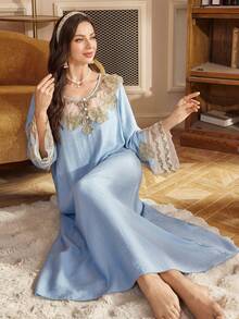 PalaceNights Vintage Palace Style Round Neck Half-Placket Elaborate Floral Decor & Beaded Lace Trim Women Nightgown - Blue - View 4