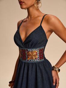 Eryvara 女士牛仔效果腰部拼接宽织带后背抽绳设计蓝色吊带连衣裙 - 藍色 - 查看 1