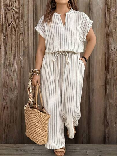 Linhara Large-Sized Woven Striped Vacation Casual Women's Jumpsuit