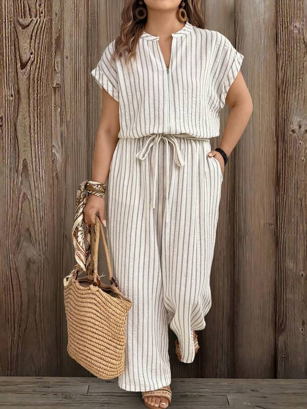 Linhara Large-Sized Woven Striped Vacation Casual Women's Jumpsuit