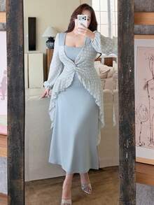 Dazy Plus 大码撞色碎花修身长裙，两穿设计，优雅约会之选，春夏连衣裙 - 淺藍色 - 查看 4