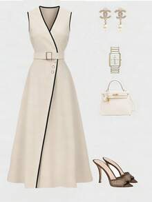 Qadelle 女士时尚优雅撞色滚边腰部中长连衣裙 - 杏色 - 查看 1