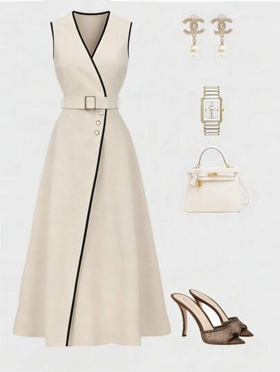 GlowEve Women's Fashionable Elegant Contrast Color Trim Waist Midi Dress