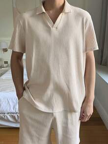 DAZY Summer Short Sleeve Polo Shirt Paired With Shorts Apricot Color Men Pajama Set - Apricot - View 1