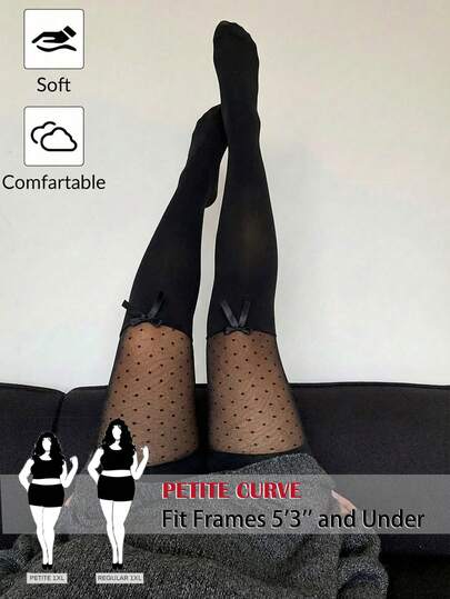 SHEIN PETITE CURVE Plus Size Fashionable Sheer Mesh Contrast Bow Decor Leggings