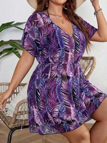 SHEIN Swim Curve 大码印花薄纱罩衫 - 紫羅蘭色 - 查看 1