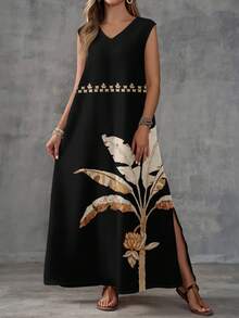 EMERY ROSE 女士休闲无袖V领波西米亚风沙滩长裙，黑白复古热带植物和斑马纹印花，开衩设计，梭织面料，完美适合春夏、西部风情节日和海岛女孩风格。 - 彩色 - 查看 5