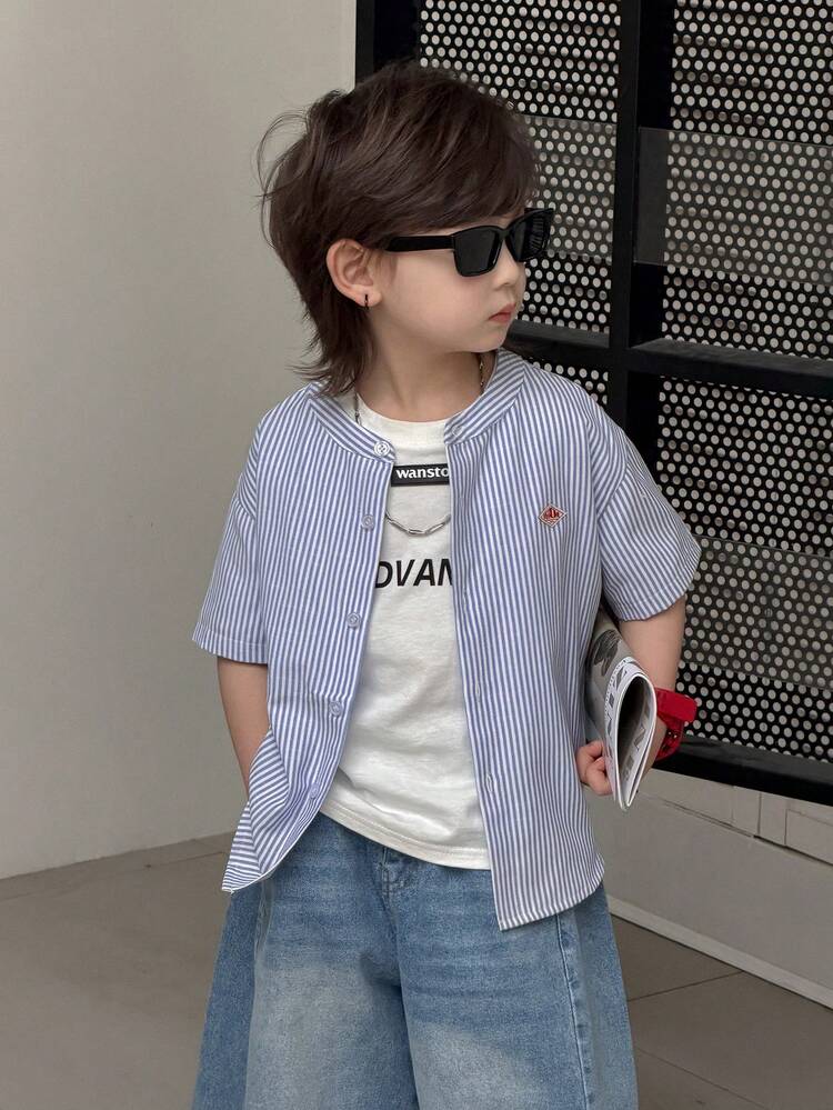 Young Boy Striped Print Button-Front Casual Short Sleeve Shirt Summer