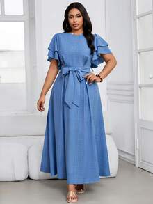 SHEIN Lady Đầm thanh lịch màu trơn tay bèo nhún thắt eo dành cho nữ cỡ lớn - Màu xanh lam - Xem 3