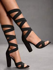 CUCCOO SZL Black Suede Chunky High Heel Sandals, Criss-Cross Strap Design With Side Zipper, Chic & Stylish For Commute And Date Valentine's Day - Black - View 2