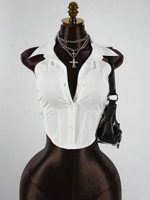 SaltGleam SaltGleam Áo sơ mi nữ không tay dáng ôm, màu trơn, cài một hàng cúc, kiểu dáng thường ngày. - trắng - Xem 4