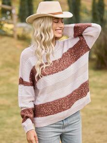 LanaWest Suéter holgado de punto con cuello redondo y cuentas de color contrastante para mujer, informal, para otoño e invierno - Multicolor - Ver 6