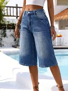 Breezaya 女士直筒七分裤休闲牛仔裤，带腰带环，时尚夏季款 - 淺色水洗藍 - 查看 7