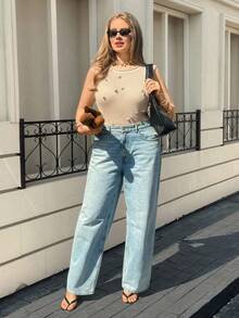 Lounesse Plus Size Sleeveless Knit Top, Apricot Color - Apricot - View 7