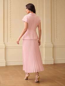 ZEYLAH Elegant Lady's V-Neck Pleated A-Line Midi Dress, Light Pink, Spring/Summer - Dusty Pink - View 3