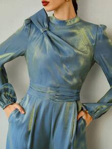 ZEYLAH Mono elegante de mujer con decoración de lazo y mangas de farol - Azul - Ver 2