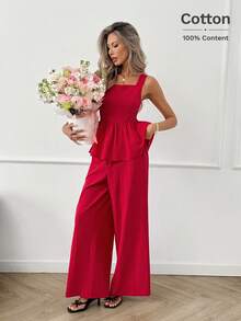 Easowa Bộ 2 món đồ nữ thường ngày, rộng rãi, thanh lịch, thích hợp đi làm hoặc đi nghỉ mát: Áo cổ vuông, tay bồng xếp ly và quần ống rộng cạp chun, màu đỏ, thích hợp mùa xuân/hè. - Đỏ - Xem 2