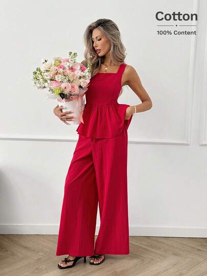 Easowa 2 st/set damkläder för ledig och elegant pendling: Blus med fyrkantig halsringning, krage, rynkad volang och vida byxor med resår i midjan, röd, vår/sommar