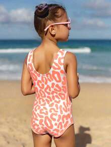 SHEIN Bộ đồ bơi liền thân họa tiết hoa nhiệt đới dễ thương cho bé gái, màu hồng nhuộm tie-dye, đồ bơi, trang phục đi biển. - trái cam - Xem 2