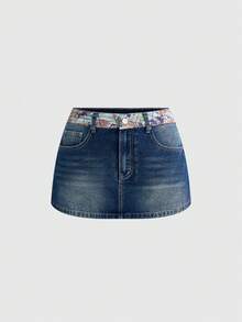 ROMWE Grunge Punk Y2K复古千禧宝贝口袋浮世绘印花刺绣女式紧身迷你裙（含打底裤） - 藍色 - 查看 2