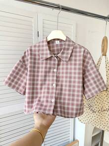 SHEIN 少女休闲日常复古格子短袖衬衫 - 粉色 - 查看 5