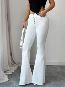 Elenzga Women's Mid-Rise Pocketed Button Casual Versatile Daily Wear Flare Jeans - White - View 4