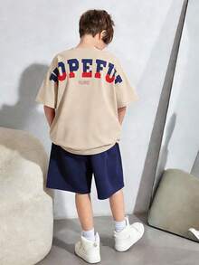 SHEIN 2pcs/Set Kids/Tween Boys Casual Versatile Comfortable Street Style Letter Print Loose Fit Round Neck Short Sleeve Knit T-Shirt And Shorts Set, Suitable For School, Garden, Beach, Birthday, Spring, Summer, Fall, Winter - Multicolor - View 1