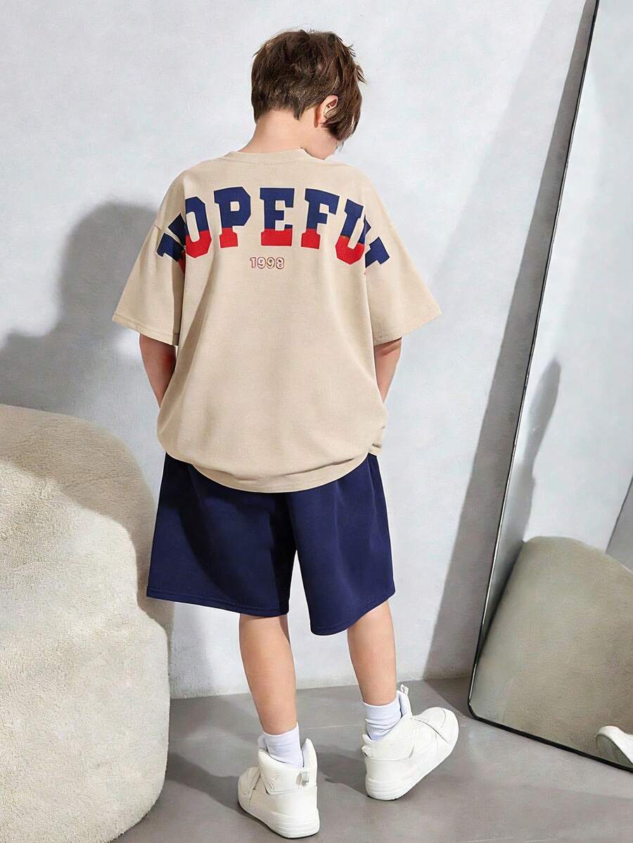 SHEIN 2pcs/Set Kids/Tween Boys Casual Versatile Comfortable Street Style Letter Print Loose Fit Round Neck Short Sleeve Knit T-Shirt And Shorts Set, Suitable For School, Garden, Beach, Birthday, Spring, Summer, Fall, Winter - Multicolor - View 1