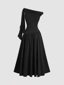 Sweetra 女士纯色高端斜肩多功能褶皱修身A字长连衣裙，夏季 - 黑色 - 查看 2