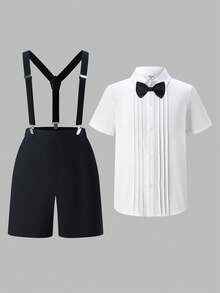 SHEIN 3pcs Tween Boy Suit Set: Collared Shirt, Detachable Suspender Pants, Elegant Bow Tie Boys Summer Formal Sets - Black and White - View 5