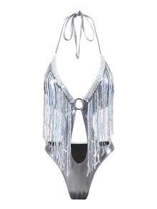 Swim SXY Seksowny jednoczęściowy kostium kąpielowy dla kobiet z dekoltem w serek, odkrytymi plecami, teksturowanym materiałem odblaskowym, frędzlami, odpowiedni na wakacje na plaży wiosną, latem i jesienią - Srebro - Zobacz 4
