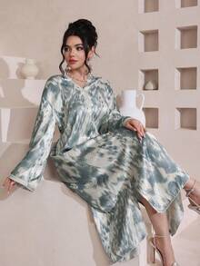 Al Najma 女士春夏蓝色扎染数码豹纹长袖连帽开衫和传统土耳其/阿拉伯长袍 - 藍色 - 查看 4