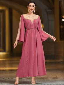 Layrah 西瓜粉色蕾丝镂空装饰金属腰带阿拉伯风格连衣裙 - 粉色 - 查看 4