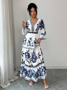 SHEIN Elenzya 女士印花喇叭袖收腰A字连衣裙，优雅百搭，适合度假、通勤、情人节、约会，展现法式街头风情，复古百搭，蓝白花卉植物印花，早春/春夏长袖中长连衣裙 - 彩色 - 查看 5