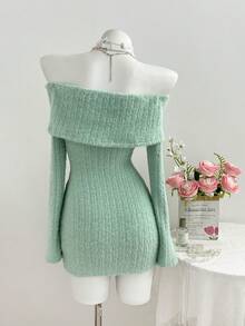 Elamini 白色露肩露背仿马海毛罗纹针织蝴蝶仿珍珠装饰长袖修身迷你连衣裙，Y2K复古可爱派对休闲连衣裙，适合秋冬季、圣诞节、新年等场合。 - 淺綠色 - 查看 2