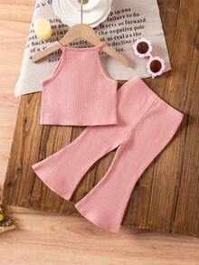 SHEIN 女婴可爱夏季粉色针织吊带背心和喇叭裤套装 - 彩色 - 查看 2