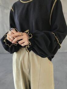 FRIFUL 女士休闲宽松撞色拼接圆领长袖T恤，秋季款 - 黑色 - 查看 2