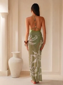 SHEIN Swim Olive Green,Summer,Tropical,Beach,Vacation,Holiday 2-Piece Set: Knit Jacquard Wireless Cami Backless Halter Top Beaded Swimsuit & Printed Mesh Skirt - Green - View 4