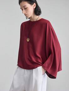 Ontre 夏季新款复古红色圆领插肩袖蝙蝠袖宽松上衣，修身百搭，适合夏季穿着 - 中紫紅色 - 查看 7