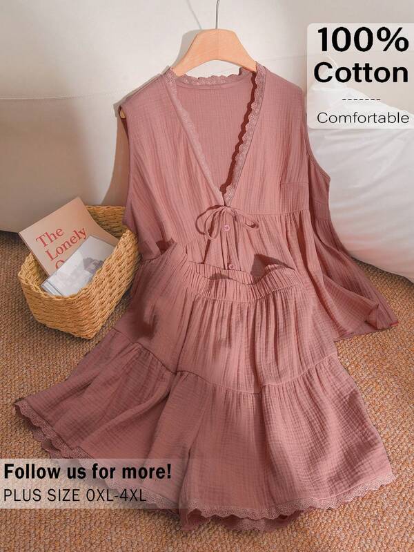 CosyJoli Plus Size Women Contrast Lace Crinkle Fabric Long Sleeve Shirt And Shorts 2 Piece Vacation Casual Set Cottagecore Clothes French Style Dress Spring Outfit Women Spring Dress For Women