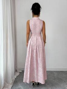 Elenzga 优雅无袖A字连衣裙，花卉提花面料，系带腰身，前开襟，修身剪裁，适合工作和休闲场合，春夏款 - 粉色 - 查看 2