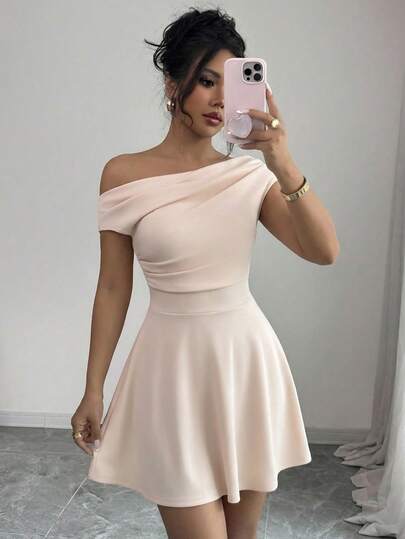 Elenzga Apricot Asymmetric Asymmetrical Shoulder Elegant Women Short Dress