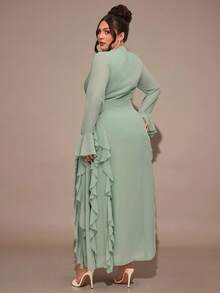 SHEIN BAE 大码女式纯色圆领喇叭袖荷叶边下摆优雅连衣裙 - 綠色 - 查看 3