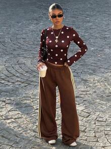 Muchica 休闲黄色波点针织女式圆领长袖T恤 - 棕色 - 查看 6