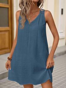 Brillora Vestido de tirantes negro de verano estilo bohemio con diseño calado - Neblina azul - Ver 2